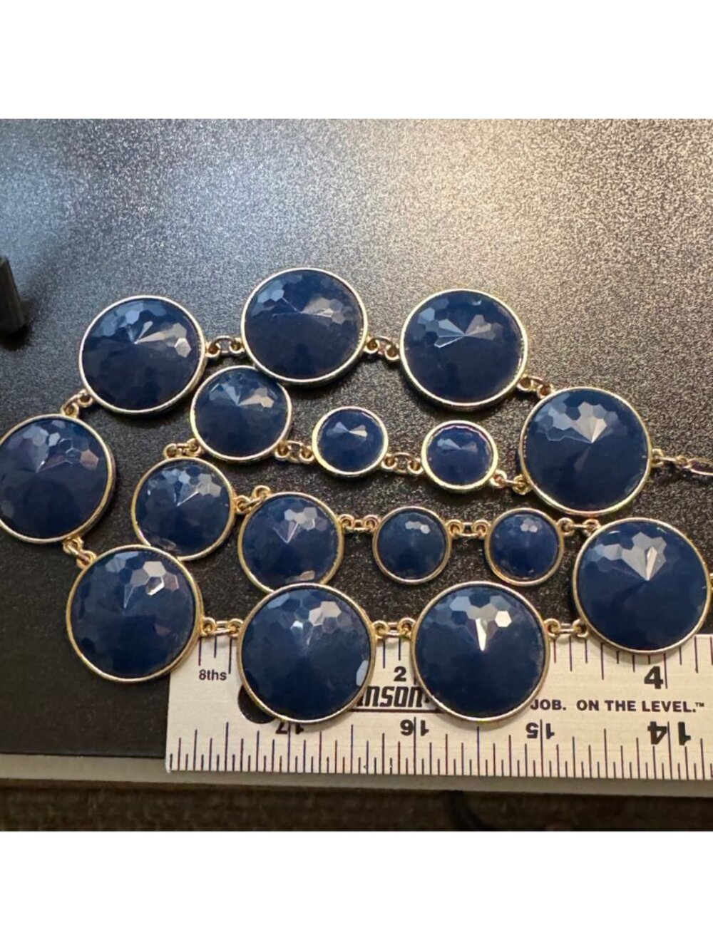 Gold Tone Blue Resin 1980's Bold Double Strand Statement Necklace 18" Adjustable - Picture 6 of 7